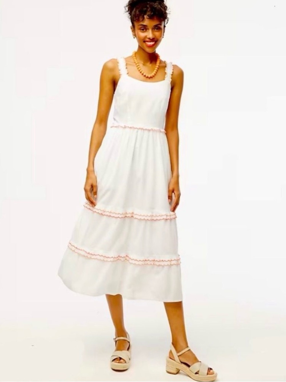 J. Crew Women’s Scalloped Trim Cotton Midi Dress White with Orange Trim Size 10